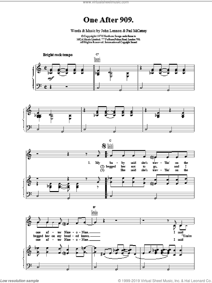 One After 909 sheet music for voice, piano or guitar by The Beatles and Paul McCartney, intermediate skill level