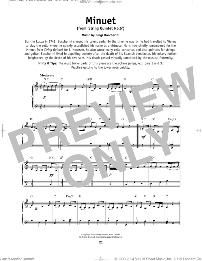 Minuet sheet music for piano solo by Luigi Boccherini, classical wedding score, beginner skill level