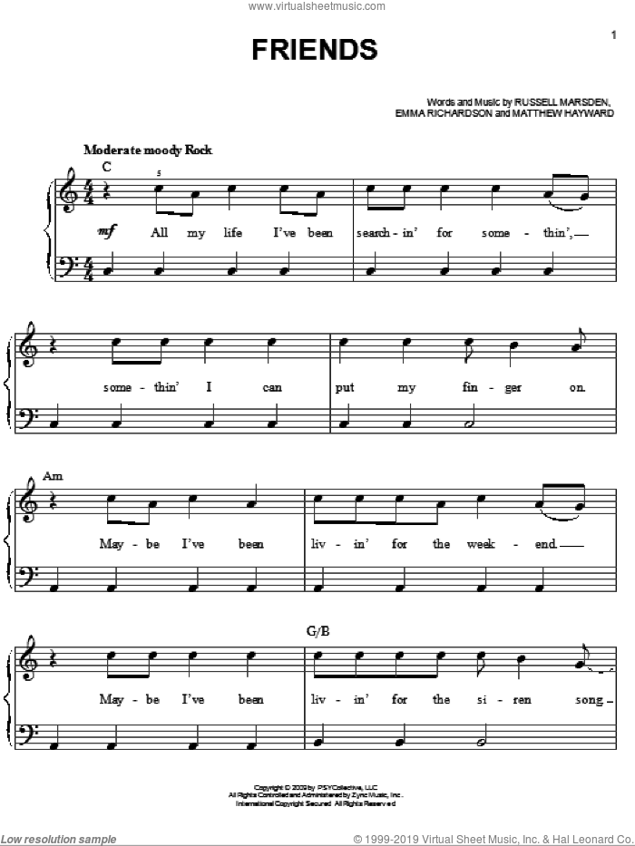 Friends sheet music for piano solo by Band Of Skulls, Twilight: New Moon (Movie), Emma Richardson, Matthew Hayward and Russell Marsden, easy skill level