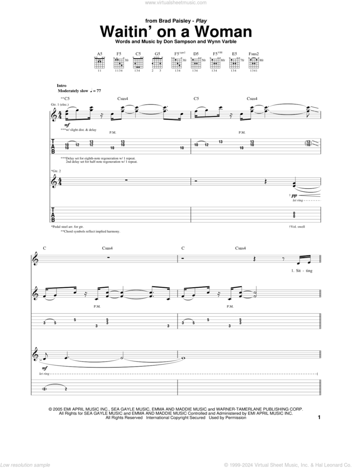 Waitin' On A Woman sheet music for guitar (tablature) by Brad Paisley, Don Sampson and Wynn Varble, intermediate skill level