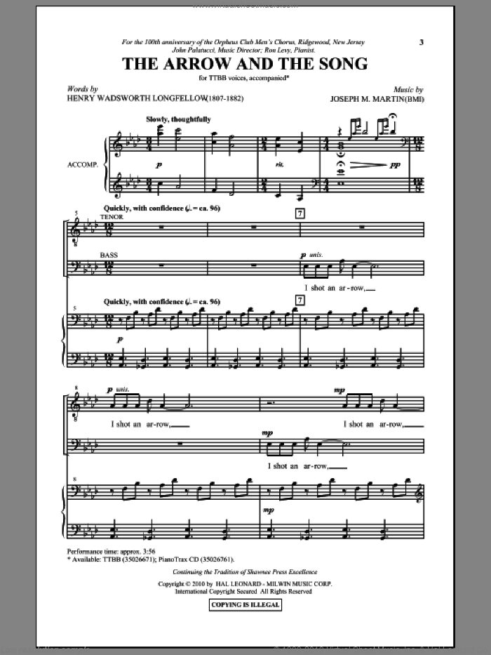 The Arrow And The Song sheet music for choir (TTBB: tenor, bass) by Joseph M. Martin and Henry Wadsworth Longfellow, intermediate skill level