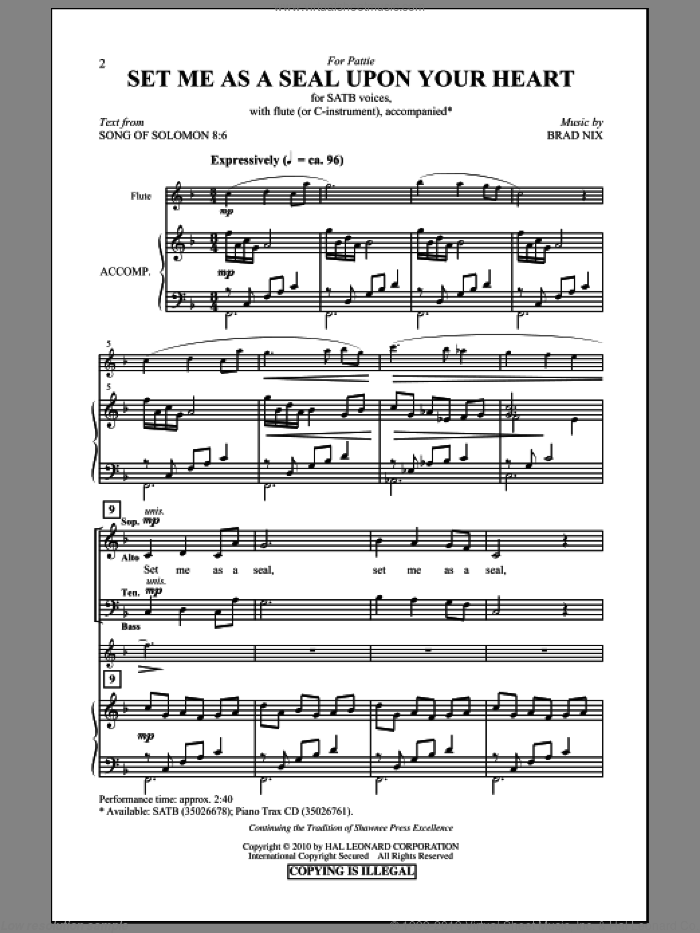 Set Me As A Seal sheet music for choir (SATB: soprano, alto, tenor, bass) by Brad Nix, intermediate skill level