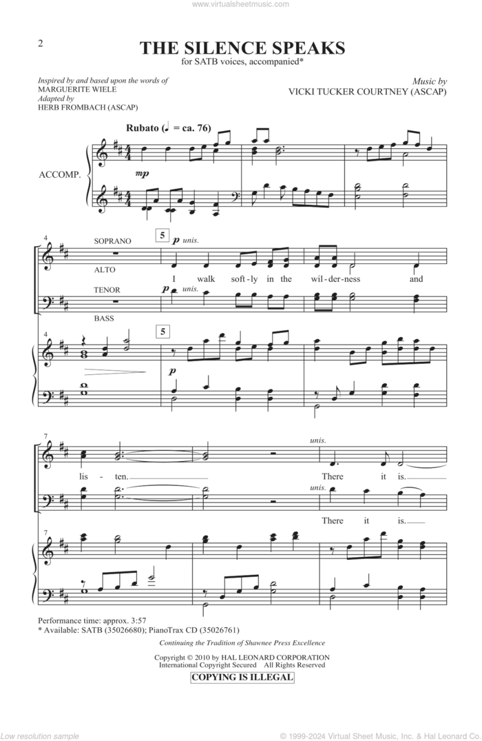 The Silence Speaks sheet music for choir (SATB: soprano, alto, tenor, bass) by Vicki Tucker Courtney and Herb Frombach, intermediate skill level