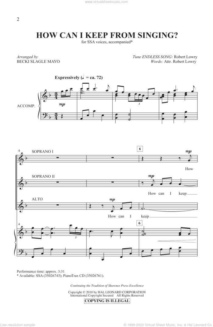 How Can I Keep From Singing? sheet music for choir (SSA: soprano, alto) by Becki Slagle Mayo and Miscellaneous, intermediate skill level