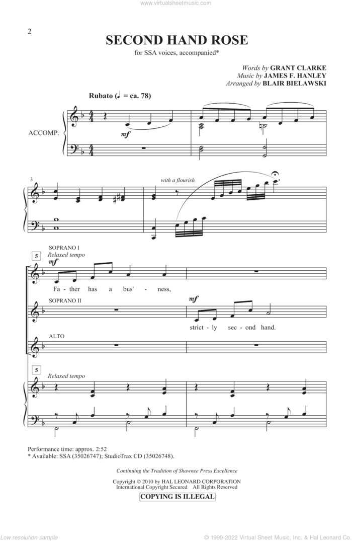 Second Hand Rose sheet music for choir (SSA: soprano, alto) by James Hanley, Grant Clarke, Barbra Streisand and Blair Bielawski, intermediate skill level
