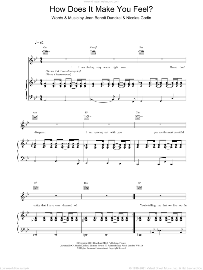 How Does It Make You Feel? sheet music for voice, piano or guitar by Jean-Benoit Dunckel, Air and Nicolas Godin, intermediate skill level