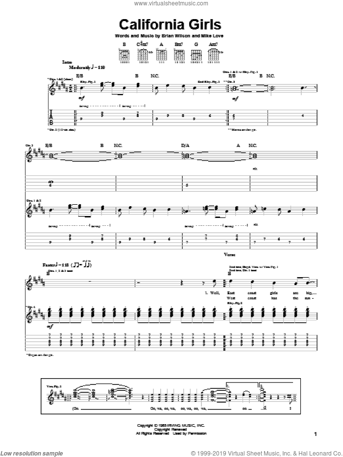 California Girls sheet music for guitar (tablature) by The Beach Boys, David Lee Roth, Brian Wilson and Mike Love, intermediate skill level