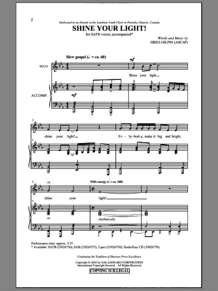 Shine Your Light! sheet music for choir (SATB: soprano, alto, tenor, bass) by Greg Gilpin, intermediate skill level