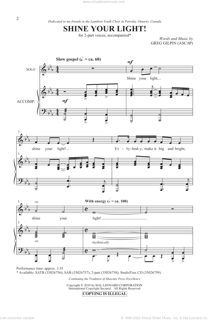 Shine Your Light! sheet music for choir (2-Part) by Greg Gilpin, intermediate duet