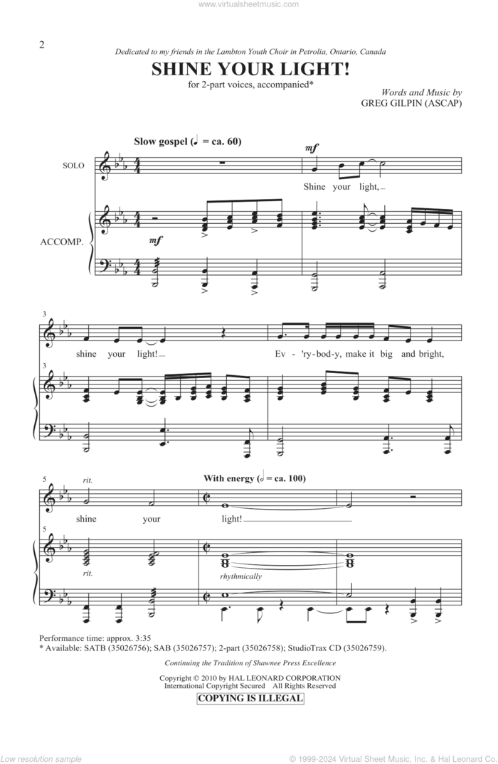 Shine Your Light! sheet music for choir (2-Part) by Greg Gilpin, intermediate duet