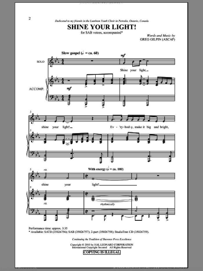 Shine Your Light! sheet music for choir (SAB: soprano, alto, bass) by Greg Gilpin, intermediate skill level
