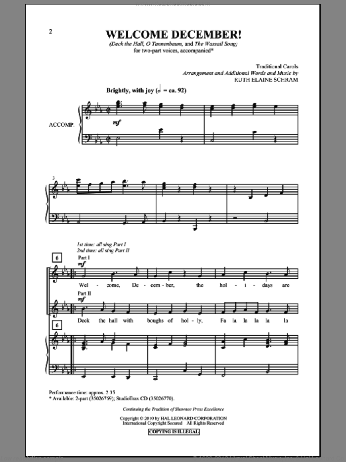 Welcome, December! sheet music for choir (2-Part) by Ruth Elaine Schram, intermediate duet