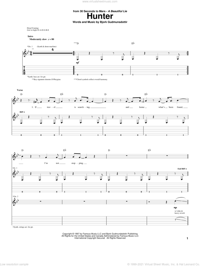 Hunter sheet music for guitar (tablature) by 30 Seconds To Mars and Bjork Gudmundsdottir, intermediate skill level