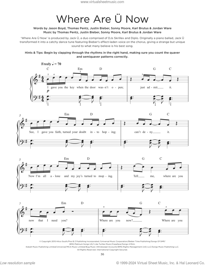 Where Are U Now sheet music for piano solo by Skrillex & Diplo With Justin Bieber, Jason Boyd, Jordan Ware, Justin Bieber, Karl Rubin Brutus, Sonny Moore and Thomas Wesley Pentz, beginner skill level