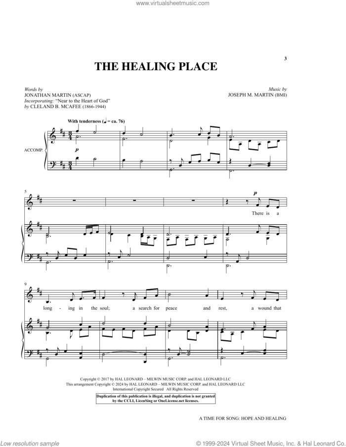 The Healing Place sheet music for voice and piano (Medium High Voice) by Joseph M. Martin and Jonathan Martin, Jonathan Martin and Joseph M. Martin, intermediate skill level
