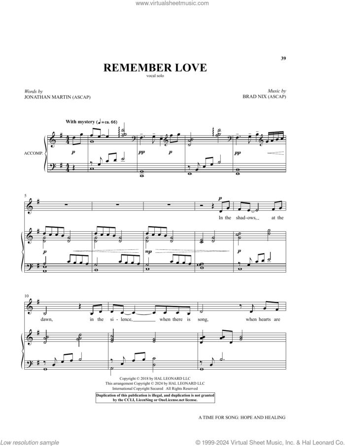 Remember Love sheet music for voice and piano (Medium High Voice) by Brad Nix and Jonathan Martin, Brad Nix and Jonathan Martin, intermediate skill level