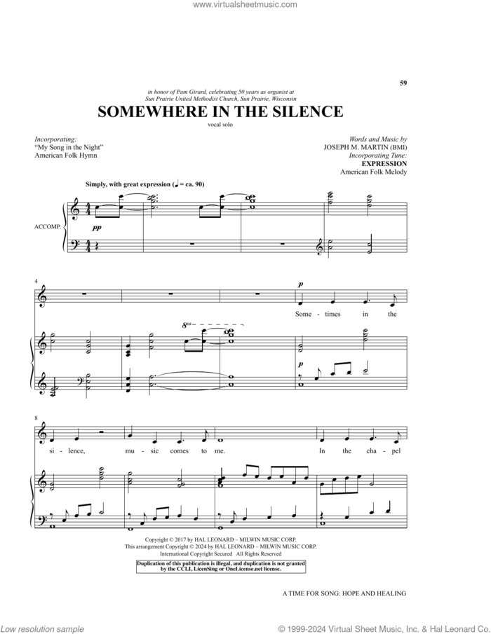 Somewhere In The Silence sheet music for voice and piano (Medium High Voice) by Joseph M. Martin, intermediate skill level