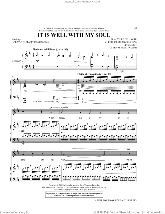 It Is Well With My Soul sheet music for voice and piano (Medium High Voice) by Philip P. Bliss, Joseph M. Martin and Horatio Spafford, intermediate skill level