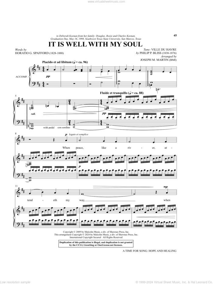 It Is Well With My Soul sheet music for voice and piano (Medium High Voice) by Philip P. Bliss, Joseph M. Martin and Horatio Spafford, intermediate skill level