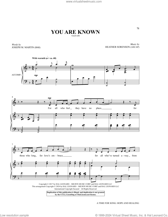 You Are Known sheet music for voice and piano (Medium High Voice) by Joseph M. Martin and Heather Sorenson, Heather Sorenson and Joseph M. Martin, intermediate skill level