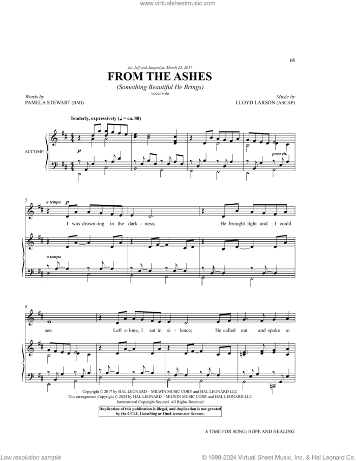 From The Ashes (Something Beautiful He Brings) sheet music for voice and piano (Medium High Voice) by Pamela Stewart and Lloyd Larson, Lloyd Larson and Pamela Stewart, intermediate skill level