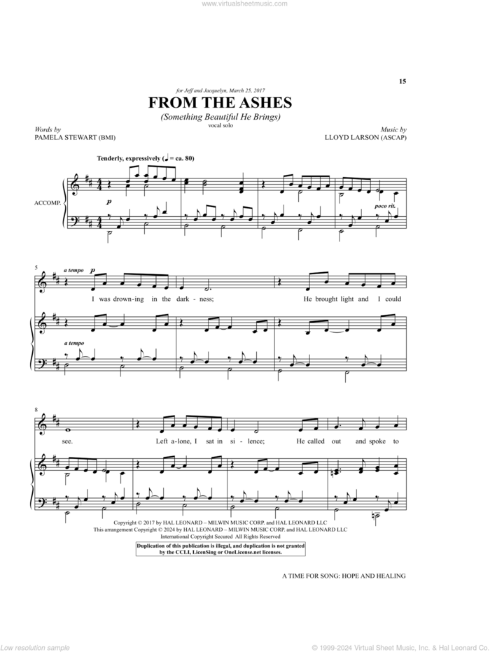 From The Ashes (Something Beautiful He Brings) sheet music for voice and piano (Medium High Voice) by Pamela Stewart and Lloyd Larson, Lloyd Larson and Pamela Stewart, intermediate skill level