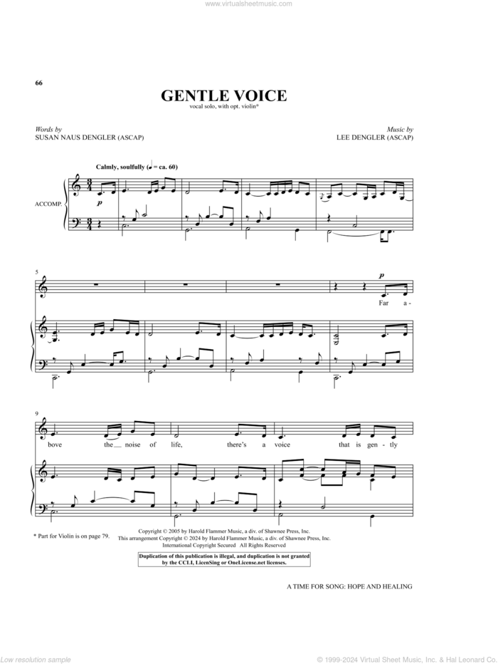 Gentle Voice sheet music for voice and piano (Medium High Voice) by Lee Dengler and Susan Dengler, Lee Dengler and Susan Dengler, intermediate skill level