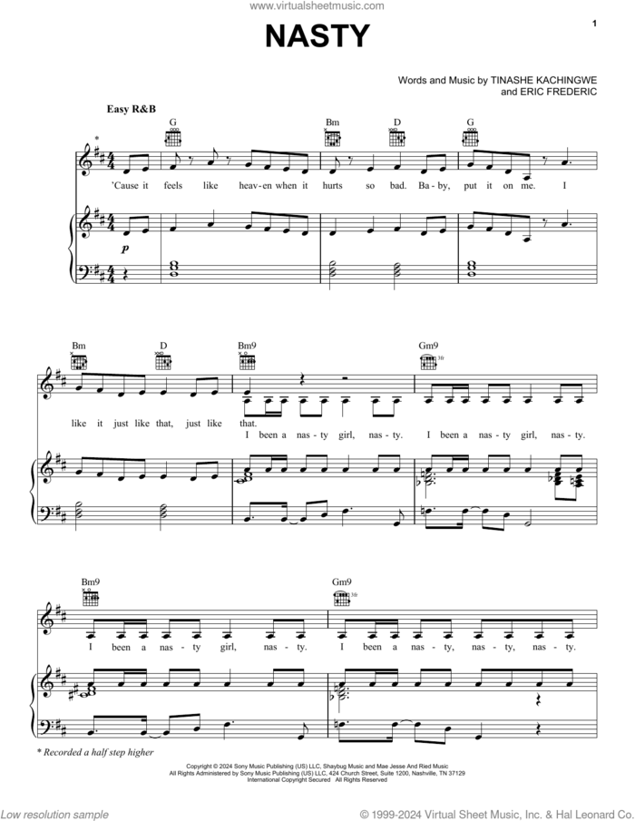 Nasty sheet music for voice, piano or guitar by Tinashe, Eric Frederic and Tinashe Kachingwe, intermediate skill level