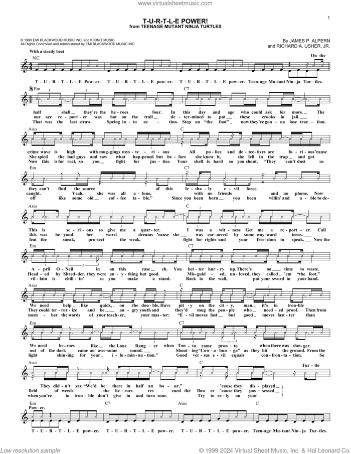 T-U-R-T-L-E Power! sheet music for voice and other instruments (fake book) by James P. Alpern and Richard A. Usher Jr., intermediate skill level