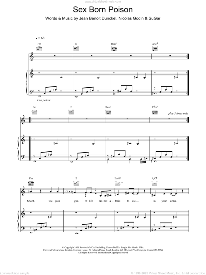 Sex Born Poison sheet music for voice, piano or guitar by Jean-Benoit Dunckel, Air, Nicolas Godin and SuGar, intermediate skill level