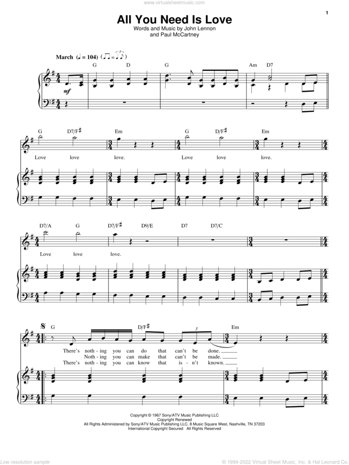 All You Need Is Love sheet music for voice and piano by The Beatles, John Lennon and Paul McCartney, wedding score, intermediate skill level