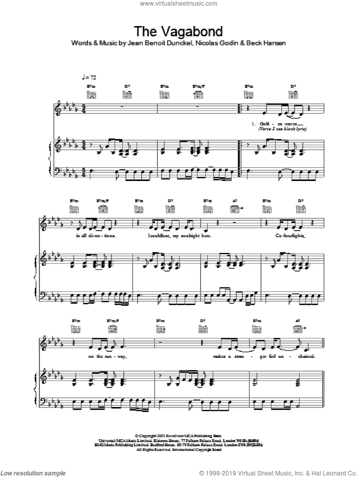 The Vagabond sheet music for voice, piano or guitar by Air, Beck Hansen, Jean Benoit Dunckel and Nicolas Godin, intermediate skill level