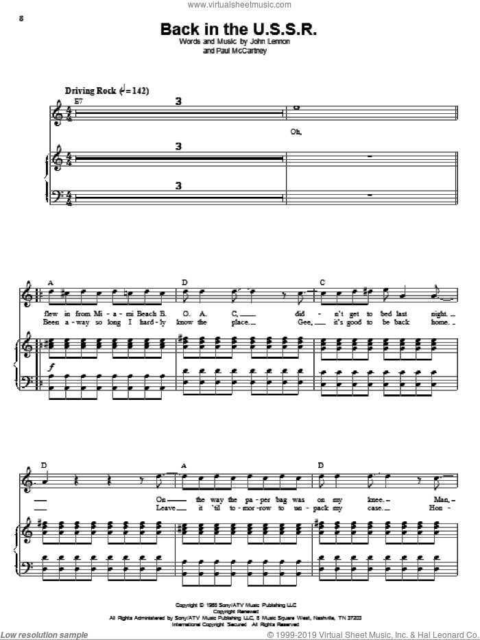 Back In The U.S.S.R. sheet music for voice and piano by The Beatles, John Lennon and Paul McCartney, intermediate skill level