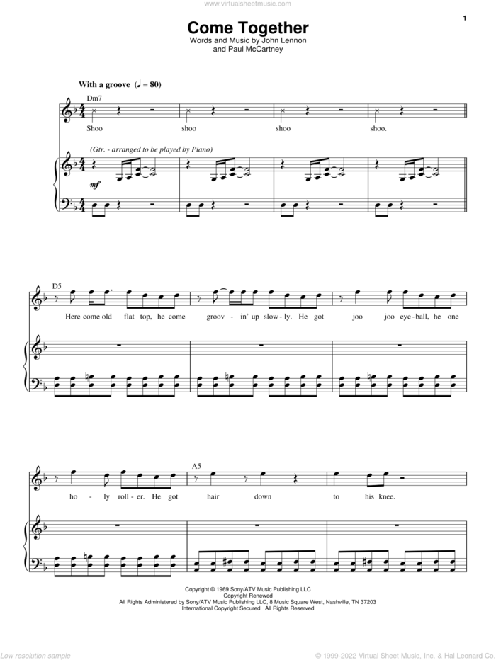 Come Together sheet music for voice and piano by The Beatles, John Lennon and Paul McCartney, intermediate skill level