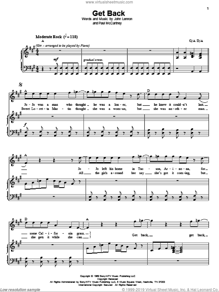 Get Back sheet music for voice and piano by The Beatles, John Lennon and Paul McCartney, intermediate skill level