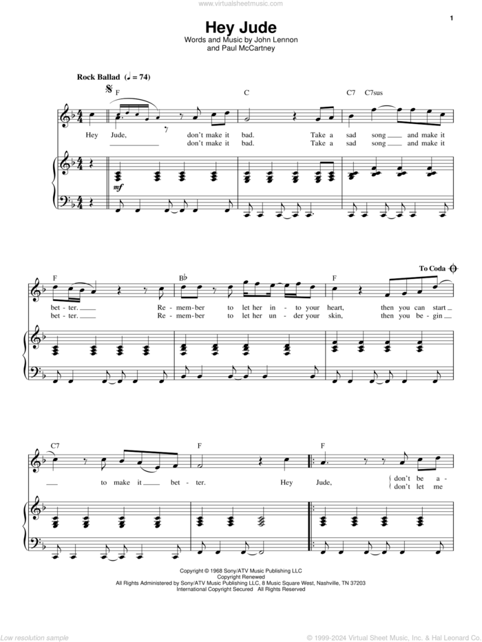 Hey Jude sheet music for voice and piano by The Beatles, John Lennon and Paul McCartney, intermediate skill level