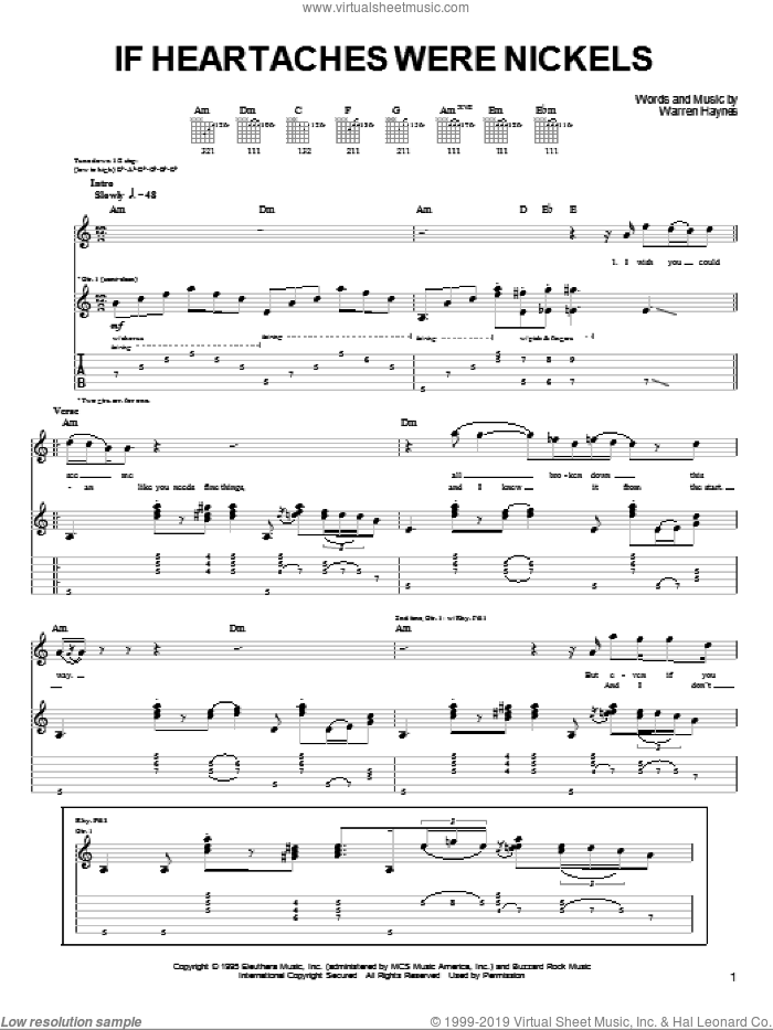 If Heartaches Were Nickels sheet music for guitar (tablature) by Joe Bonamassa and Warren Haynes, intermediate skill level