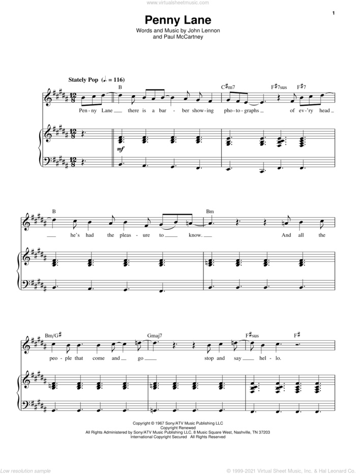 Penny Lane sheet music for voice and piano by The Beatles, John Lennon and Paul McCartney, intermediate skill level