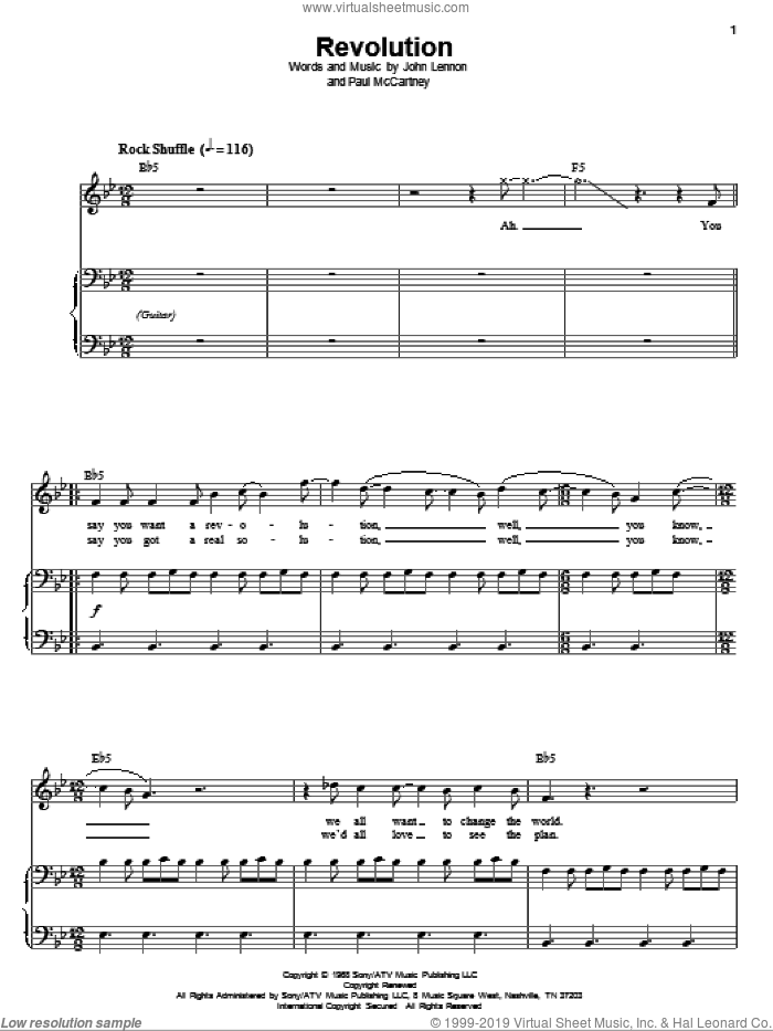 Revolution sheet music for voice and piano by The Beatles, John Lennon and Paul McCartney, intermediate skill level
