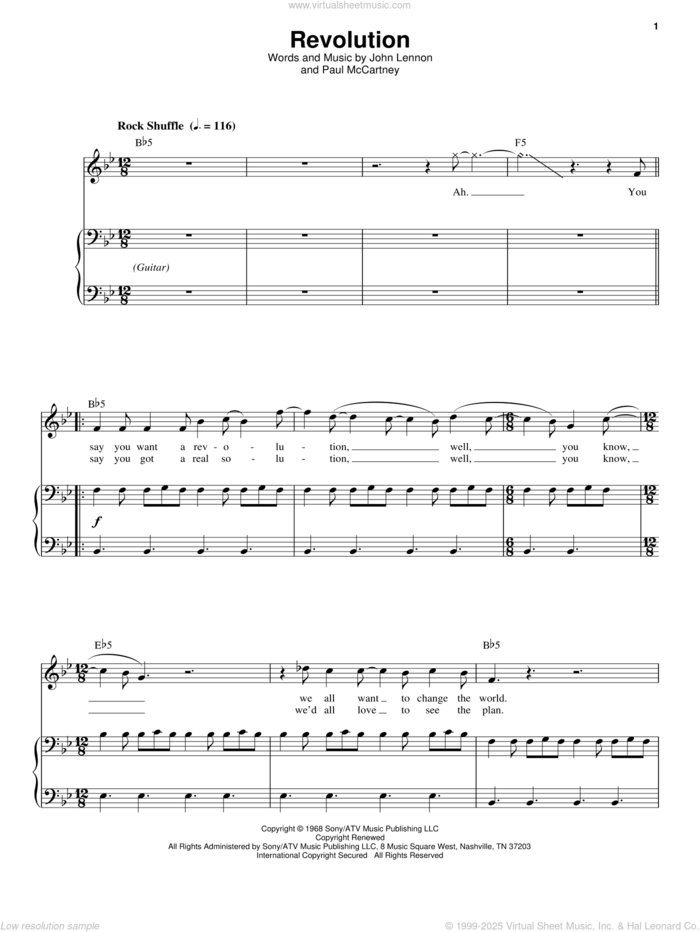 Revolution sheet music for voice and piano by The Beatles, John Lennon and Paul McCartney, intermediate skill level