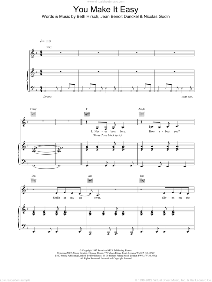 You Make It Easy sheet music for voice, piano or guitar by Air, Benoit Dunckel,Jean, Beth Hirsch and Nicolas Godin, intermediate skill level