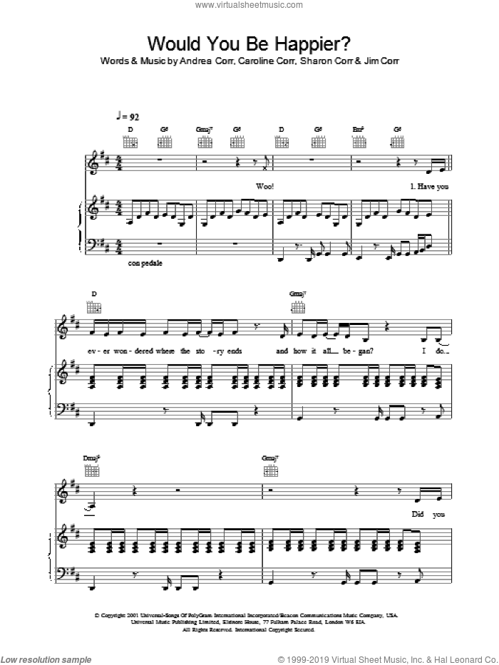 Would You Be Happier? sheet music for voice, piano or guitar by Andrea Corr, The Corrs, Caroline Corr and Sharon Corr, intermediate skill level