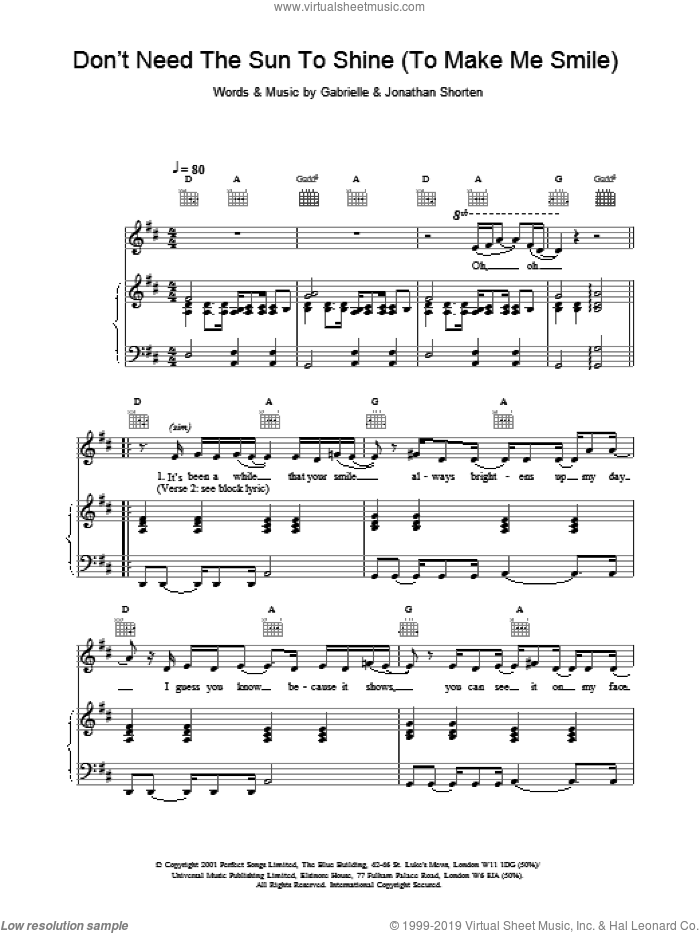 Don't Need The Sun To Shine (To Make Me Smile) sheet music for voice, piano or guitar by Gabrielle and Jonathan Shorten, intermediate skill level