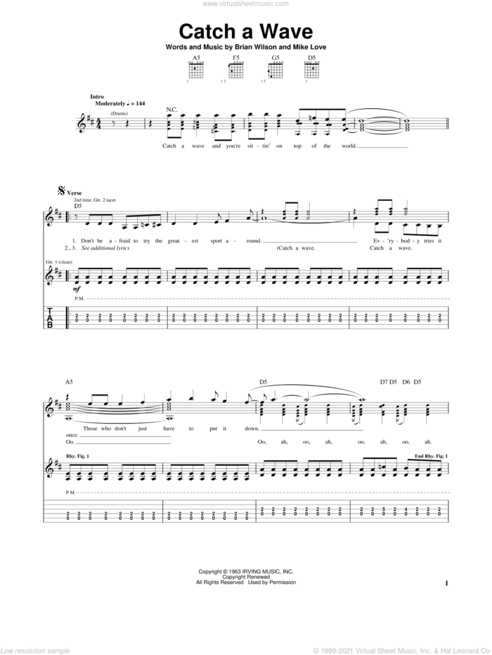 Catch A Wave sheet music for guitar (tablature) by The Beach Boys, Brian Wilson and Mike Love, intermediate skill level