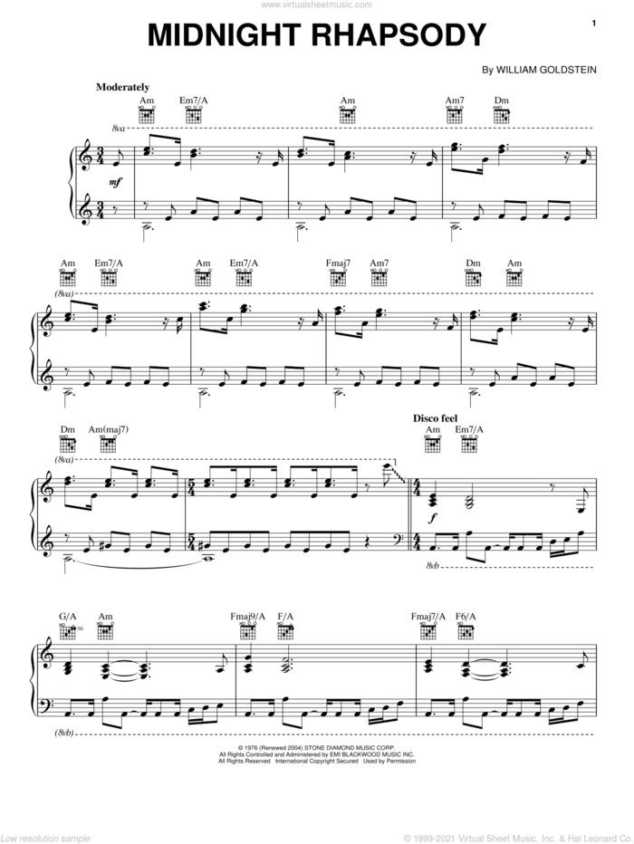 Midnight Rhapsody sheet music for piano solo by William Goldstein, intermediate skill level