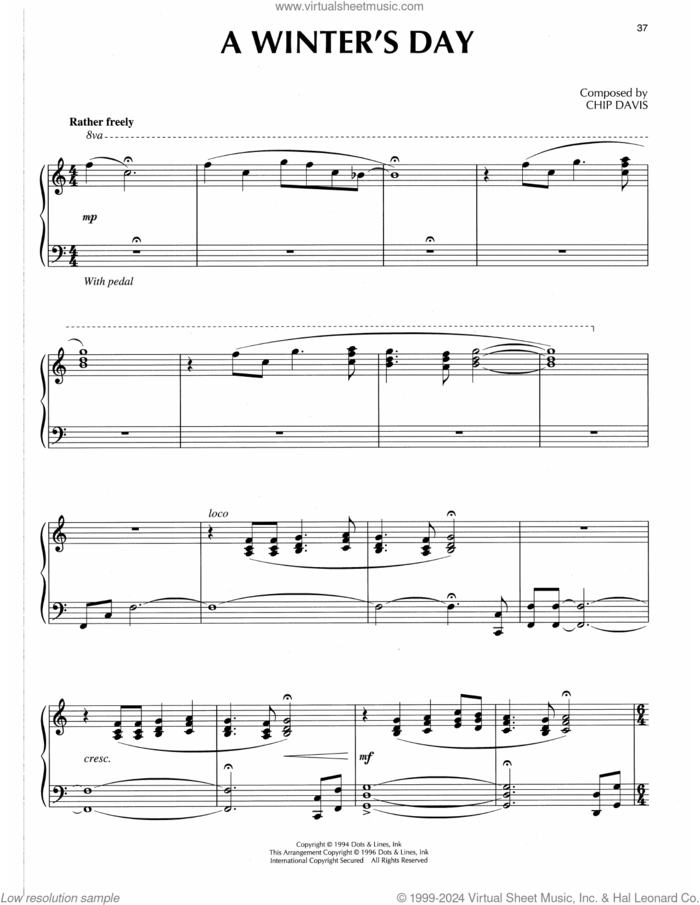 A Winter's Day sheet music for piano solo by Chip Davis and Mannheim Steamroller, intermediate skill level