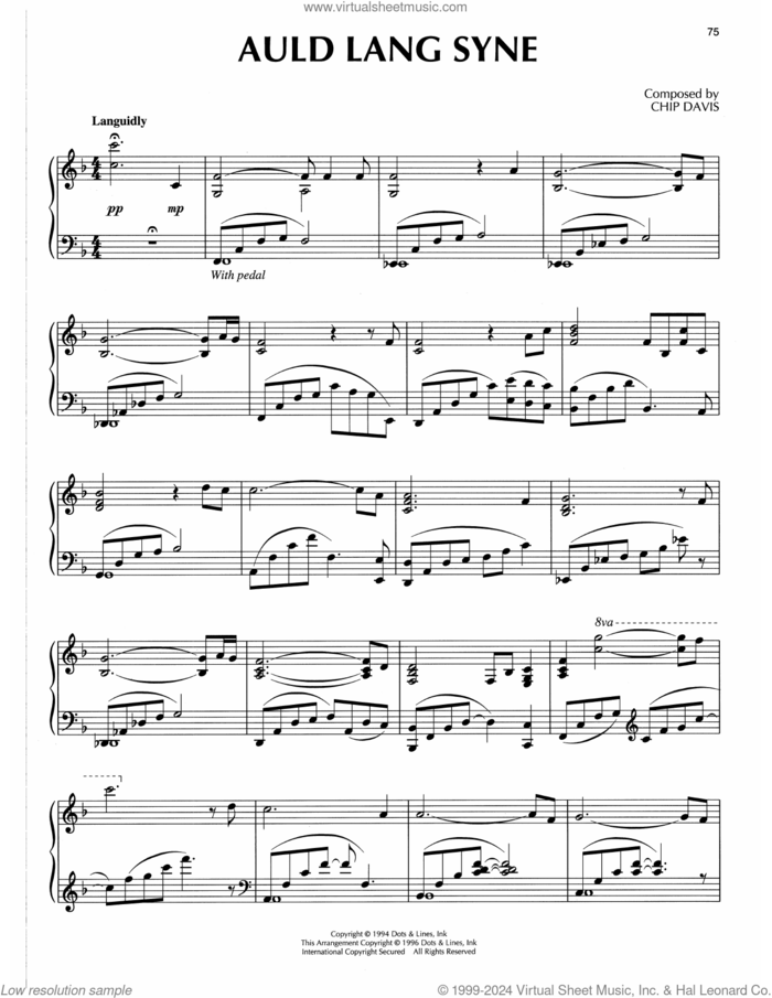 Auld Lang Syne sheet music for piano solo by Chip Davis, intermediate skill level