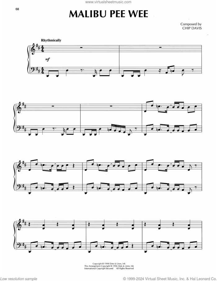 Malibu Pee Wee sheet music for piano solo by Chip Davis, intermediate skill level