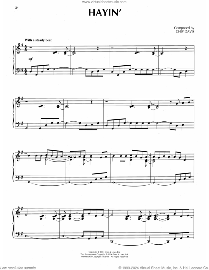Hayin' sheet music for piano solo by Chip Davis, intermediate skill level