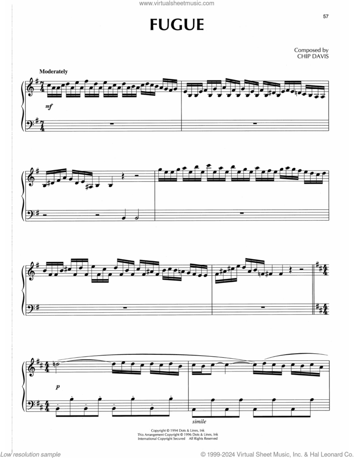 Fugue sheet music for piano solo by Chip Davis, intermediate skill level